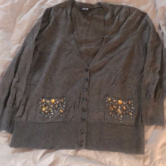 Apt. 9 Sweaters - Grey cardigan with bejeweled front pockets